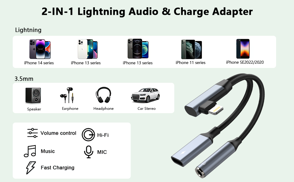 90 Degree 2in1 Lightning to 3.5mm Audio Aux Jack