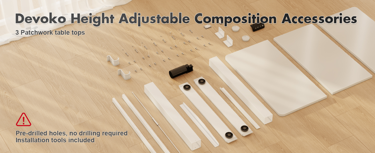 Devoko height adjustable composition accessories kit including table tops, legs, and hardware. Pre-drilled holes, no drilling required. Installation tools included. Components laid out on wooden surface.