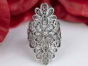 Filigree Art Sterling Silver Woman Long Statement Ring