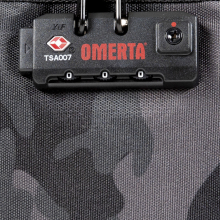 branded lock detail on the Omerta Capo Locking Carbon Filter Pouch in Camo