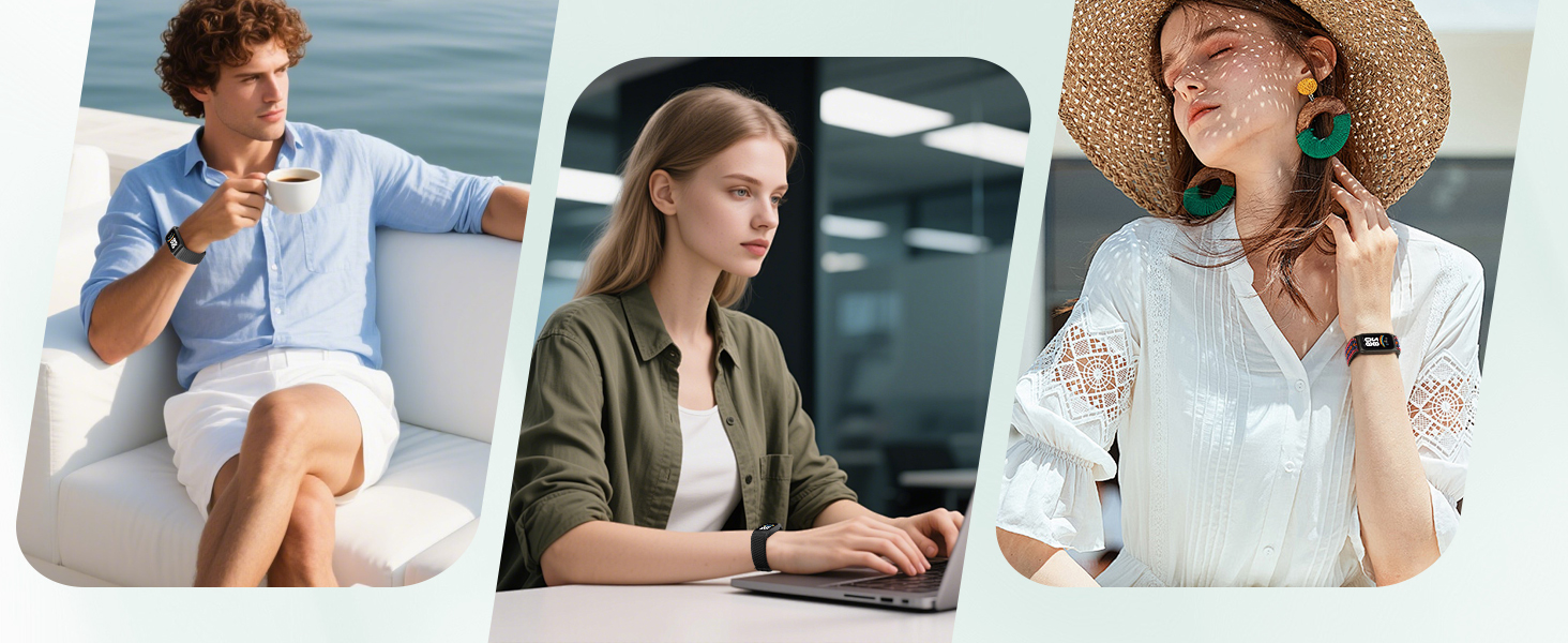 Three-panel lifestyle image showing people enjoying beverages outdoors, including seaside and patio settings.
