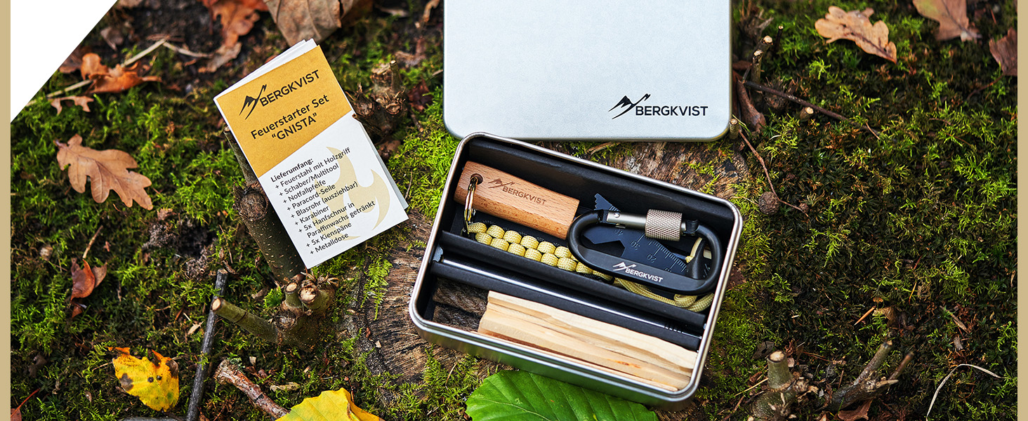 BERGKVIST® Feuerstahl Survival Set GNISTA (17TLG.) XXL Outdoor Ausrüstung zum Feuer Machen