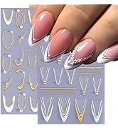 French Line Diamond Nail Art Stickers 3D Self-Adhesive Exquisite Gold and White French V Designs ...