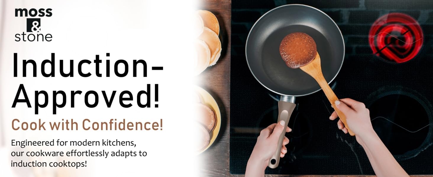 non stick induction frying pan in action on glass cooktop, ergonomic handle pan, induction cookware