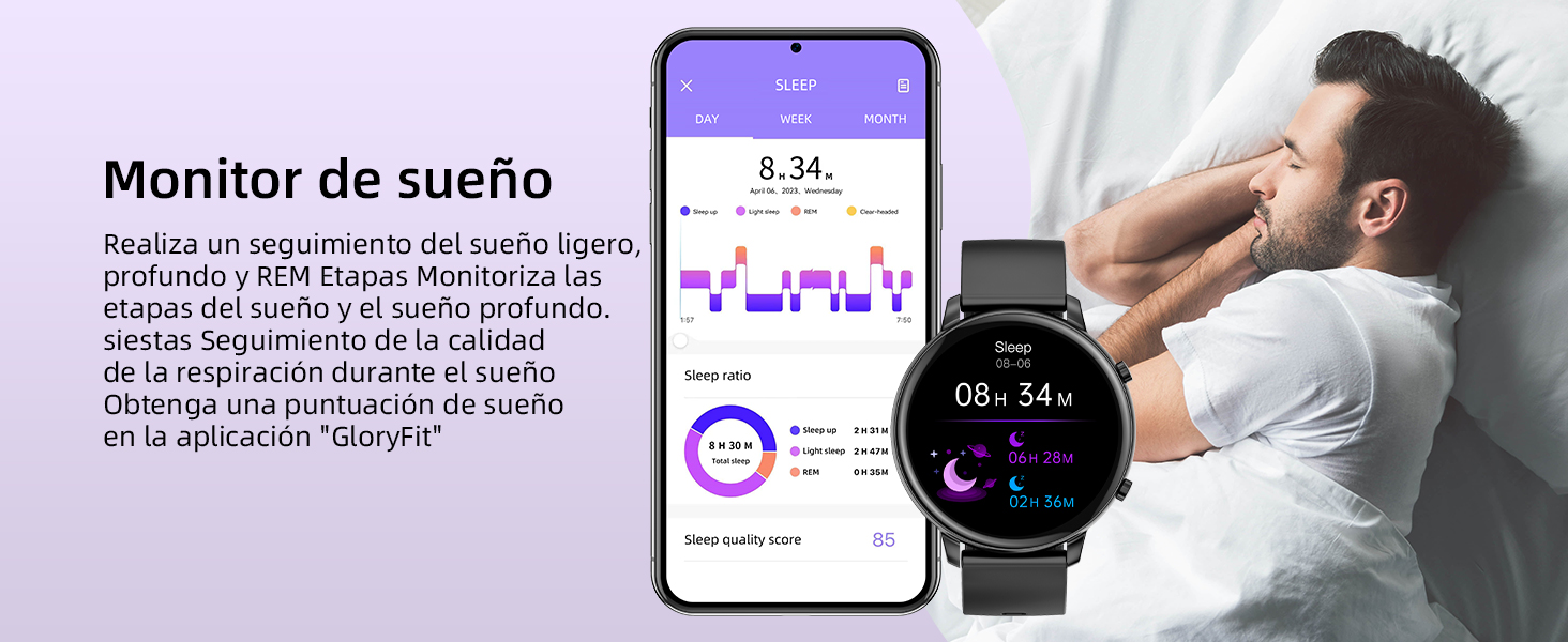 Aplicación de monitoreo del sueño para relojes inteligentes y teléfonos inteligentes que muestra los datos del sueño, incluidas las etapas del sueño, la duración y la interfaz de puntuación de calidad