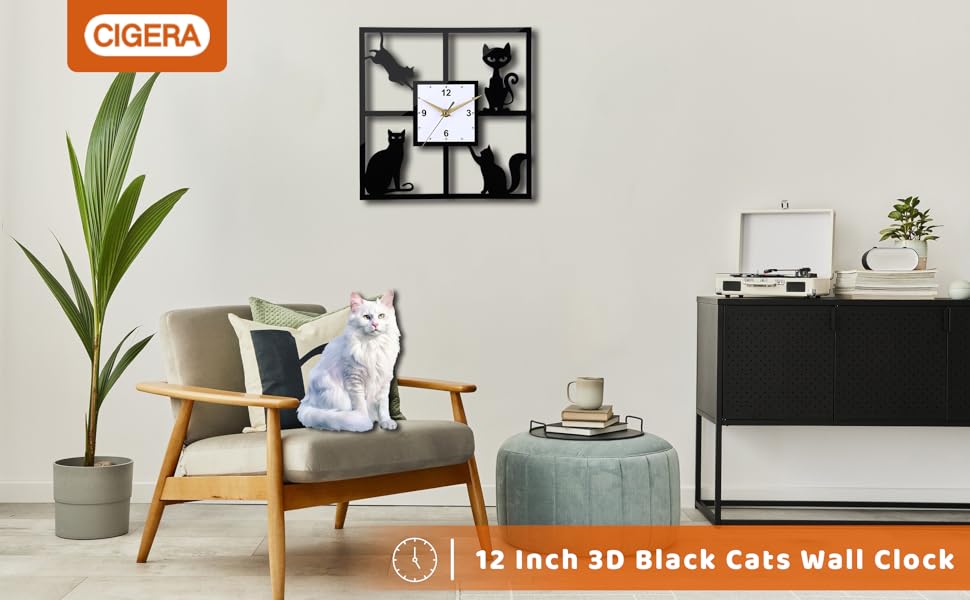 CIGERA 12 Inch Cat Wall Clocks with Thick 3D Dial, Silent