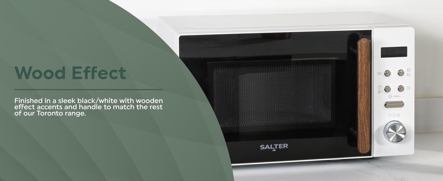 A white microwave with wooden effect handle on a kitchen countertop 