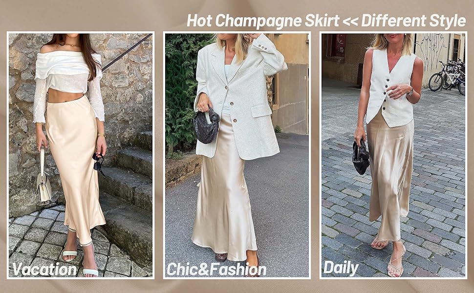 TZLDN Women Midi Skirt Satin Maxi Skirt High Wasited Skirts Silk Flowy Fall Winter 13 beige satin skirt