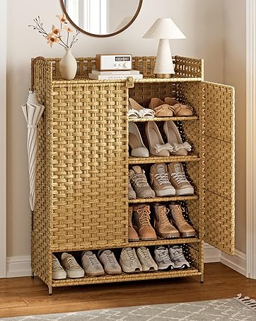 Rattan Shoe Cabinet,6-Tier 39.8&#34; Tall Shoe Storage Cabinet with Adjustable Shelves,20 Pairs Storage