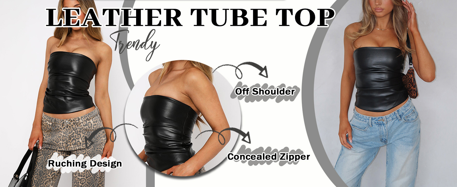 OZICERD Faux Leather Tube Top Strapless Going Out Tops for Women Sexy Club Tops Rave Concert Outfit Ruched Bandeau Crop Top 20 Black going out tops women black faux leather tube strapless bandeau club tops rave outfits sexy