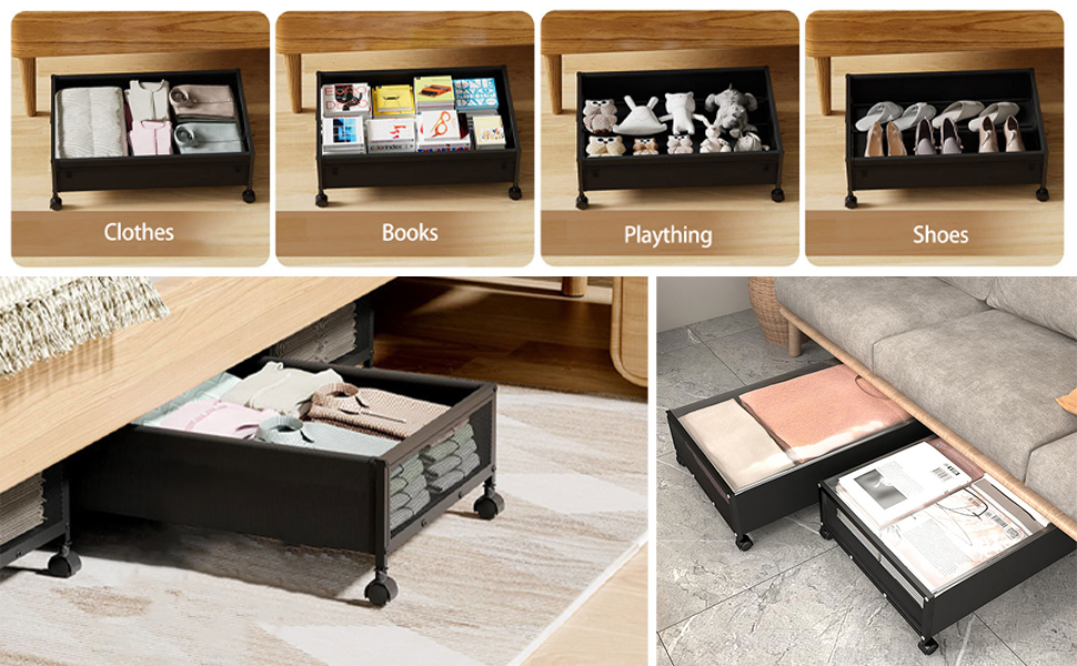 2 Pack Under Bed Storage with Wheels, Metal Under Bed Shoe Storage