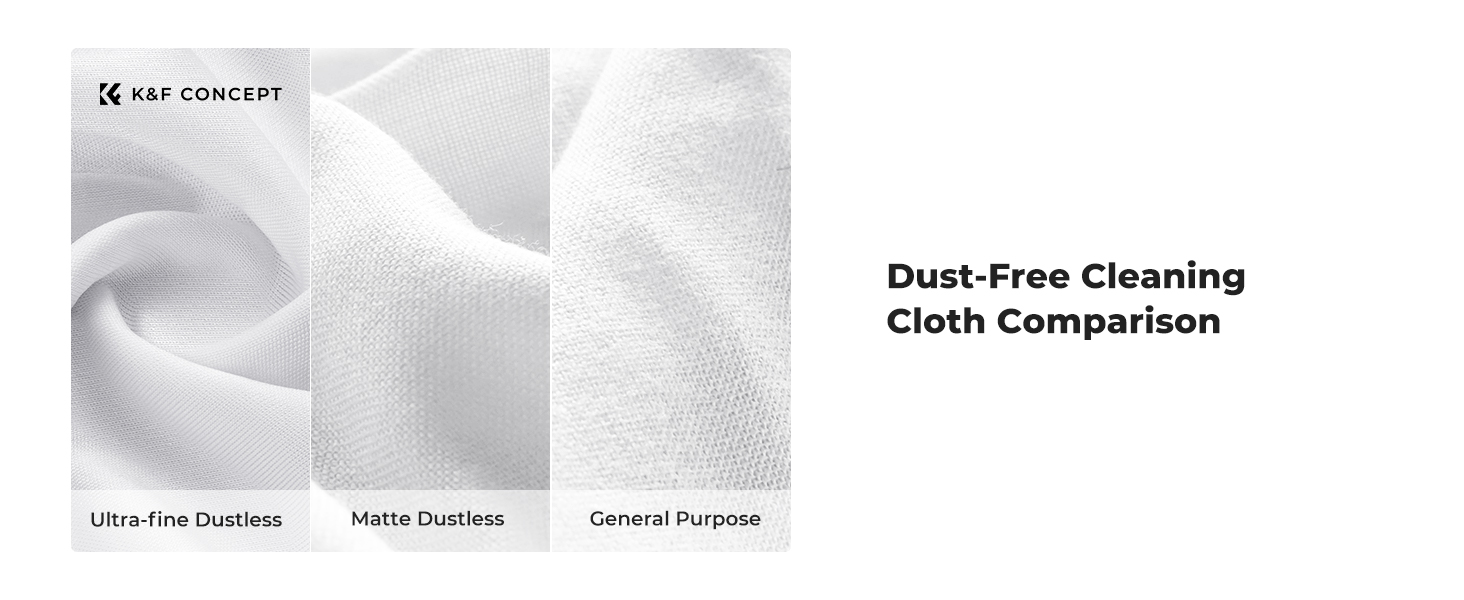Comparison of three white cleaning cloth textures: Ultra-Fine Dustless, Matte Dustless, and General Purpose, showcasing different levels of fabric weave density and texture.