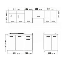 Technical diagram showing measurements for kitchen cabinets. Top and front views with dimensions in millimeters for cabinet widths and heights.