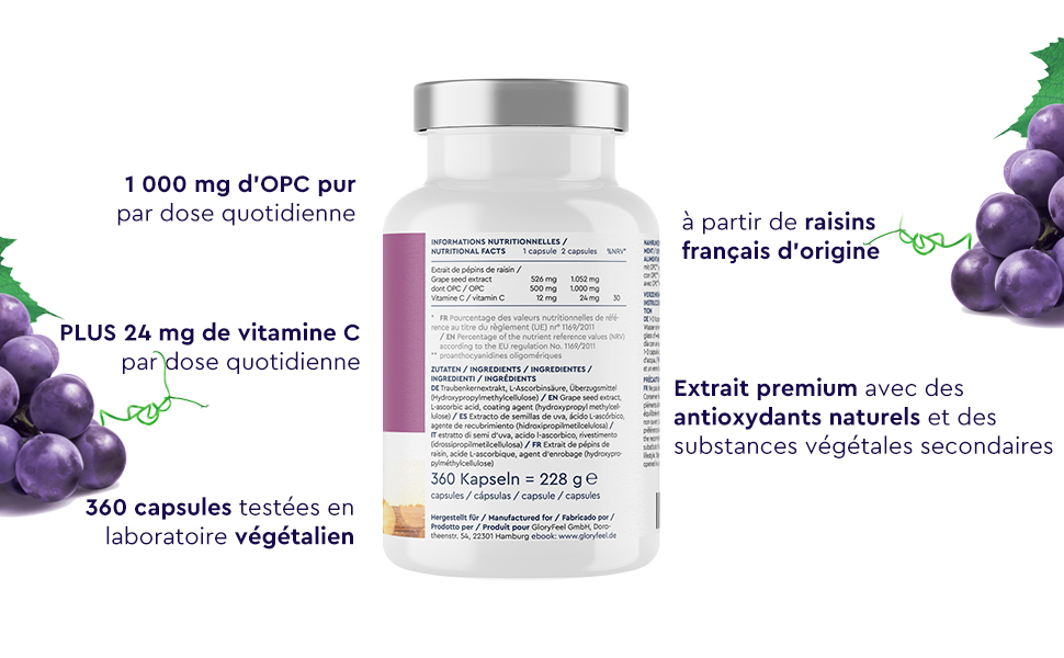 OPC Extrait de Pépins de Raisin 1000mg, 360 Capsules Végétaliens
