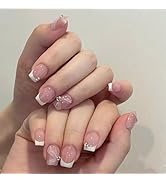 Square Short Press on Nails French White Fake Nails Nude Gloss Acrylic Nails Glue on Nails Rhines...