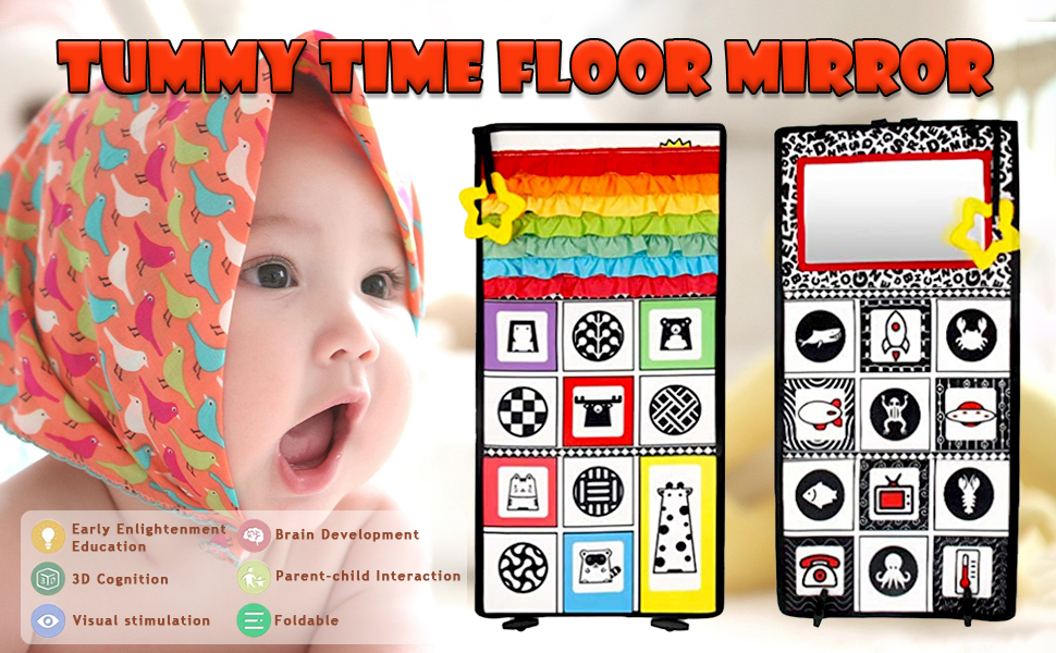 Tummy Time Mirror Toys for Babies, High Contrast Activity Montessori