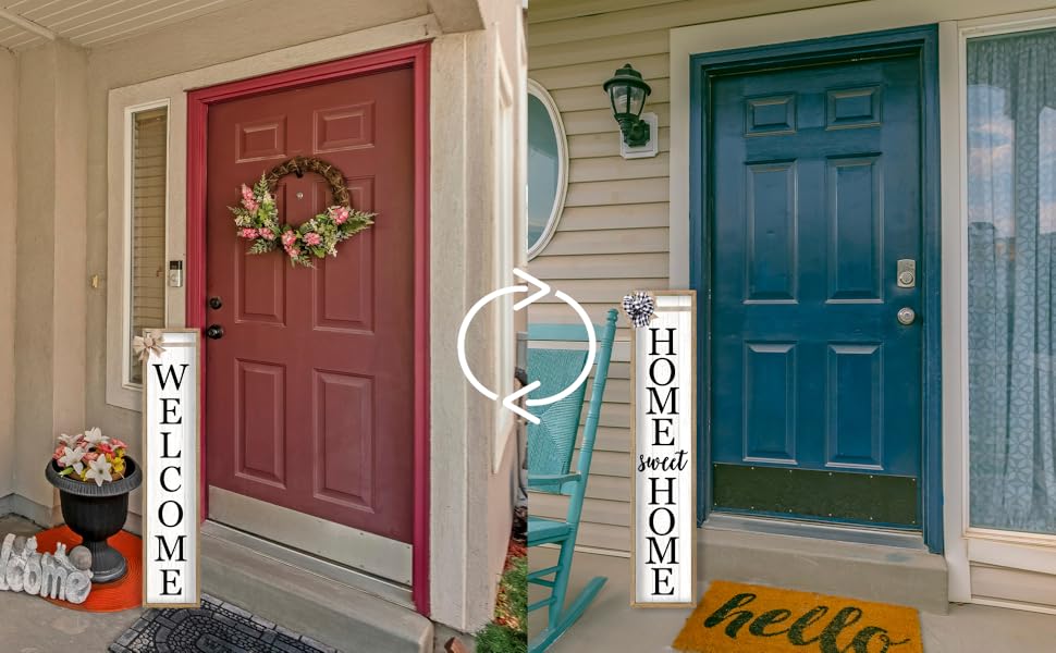 Two doors: red with floral wreath/&#34;WELCOME&#34; sign, blue with &#34;HOME sweet HOME&#34; sign.