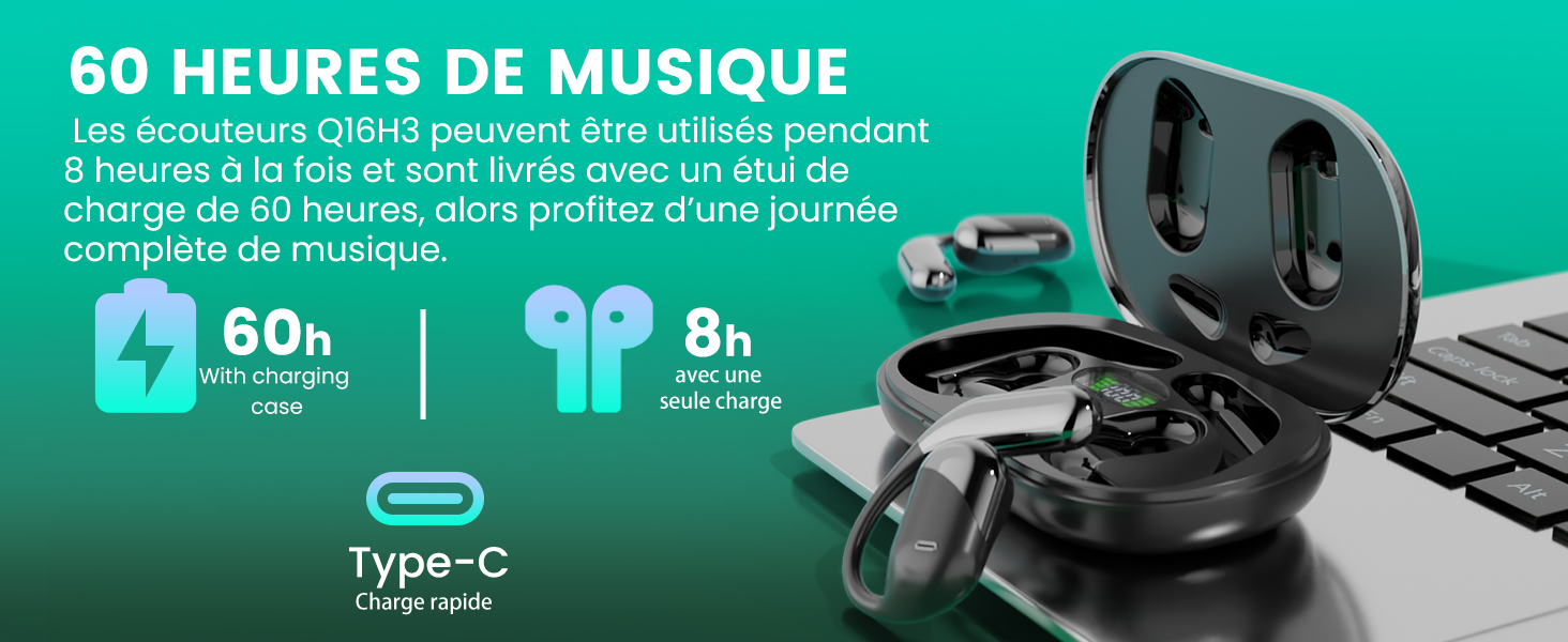 Le texte indique « 60 HEURES DE MUSIQUE » avec une icône de connexion de type C. Écouteurs sans fil noirs illustrés avec un étui de chargement sur une surface réfléchissante.