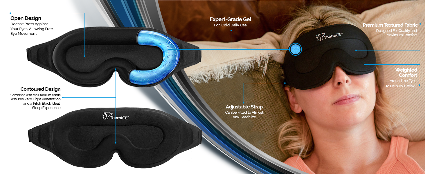 TheraICE Sleep Mask + Cooling Gel Relief - Weighted Sleep Eye Mask 100% Blackout 3D Cold Relaxing No Pressure Eye Cover Blindfold to Block Light for Comfortable Soothing Night Sleeping | Men & Women