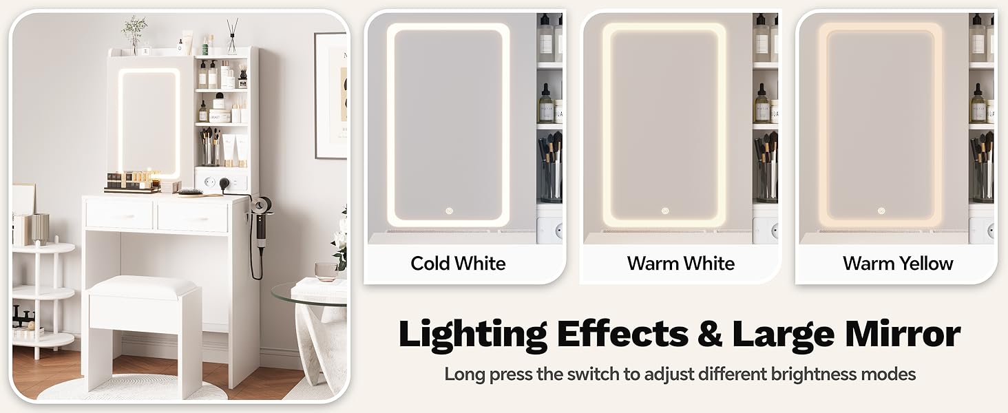 Vanity Desk with Mirror and Lights, Makeup Vanity Table Set with Charging Station and Stool