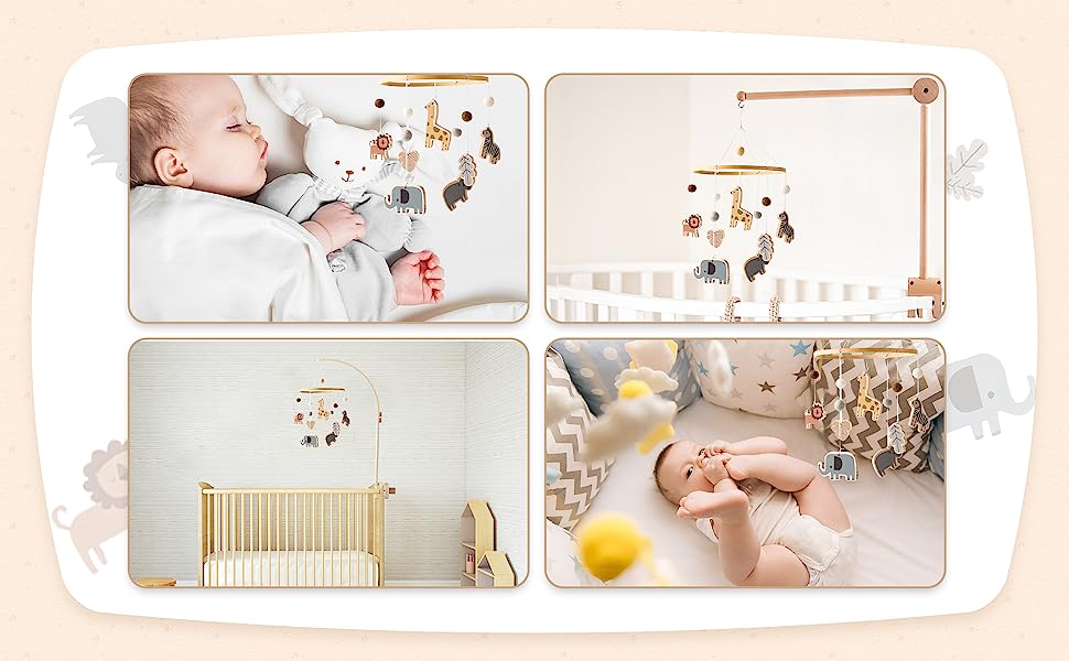 Ein Baby, das in einem Kinderbett schläft und an dessen Seite ein Spielzeug hängt