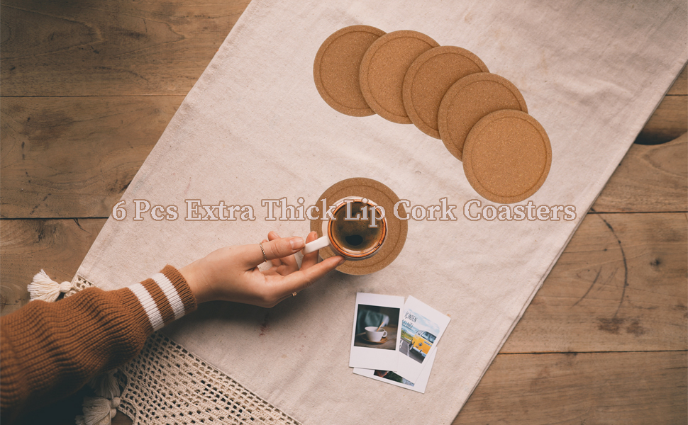 Six cork coasters are placed on the table top.