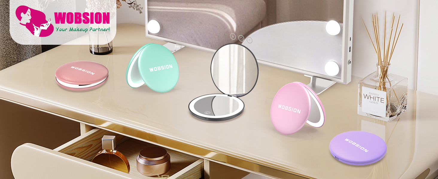 wobsion Rechargeable Travel Mirror,1x/10x Magnification Compact Mirror with Light