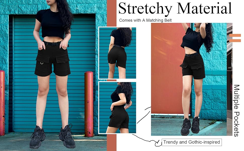 Nuofengkudu Elasticated Cargo Shorts Women High Waist Pockets Pull on Combat Short