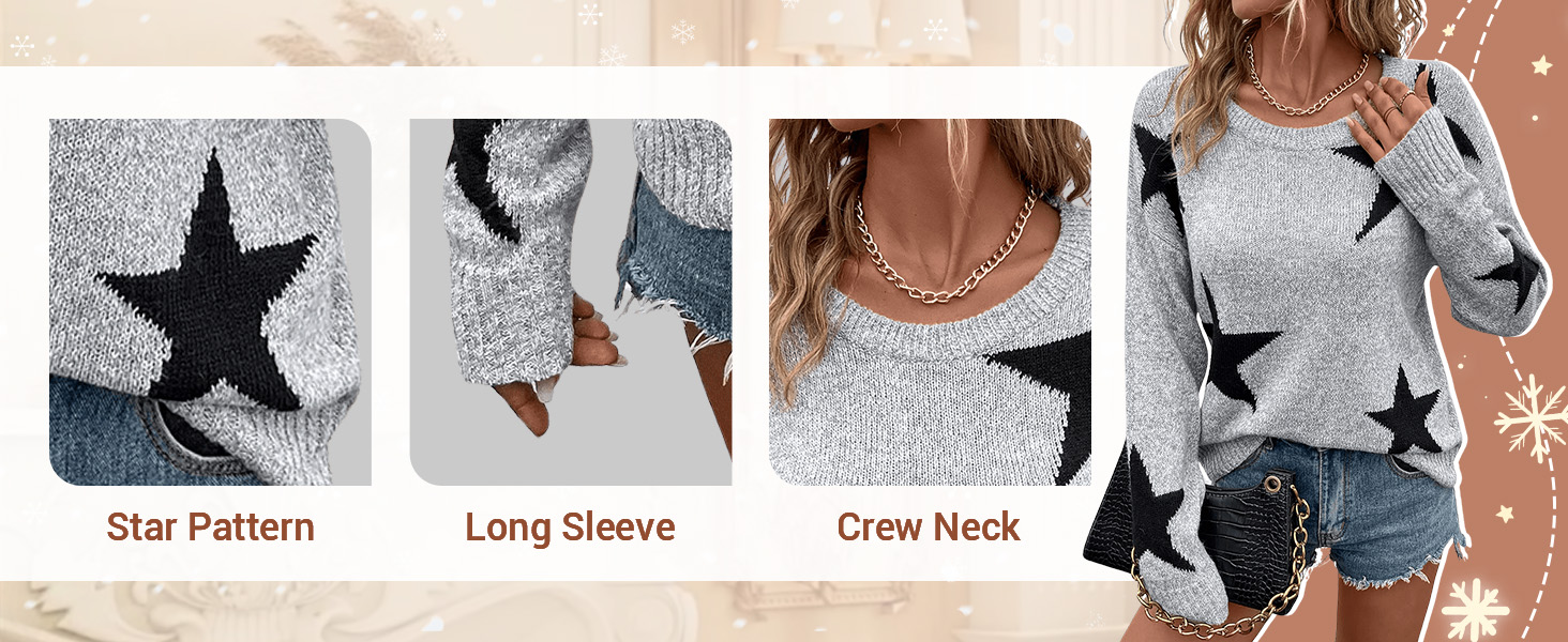 SHENHE Women Star Pattern Crew Neck Drop Shoulder Casual Sweater Pullover Knitwear