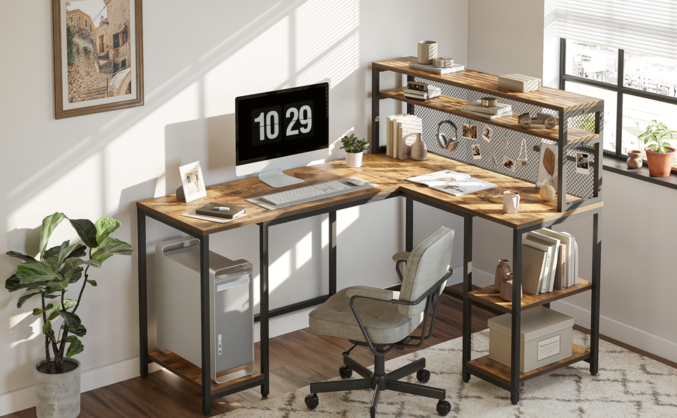 CubiCubi L Shaped Desk with Hutch, 150 cm Corner Computer Desk with