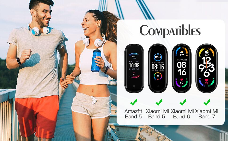 Fitness montrant quatre modèles d'appareils cochés. L'image montre deux personnes en tenue de sport tenant des bouteilles d'eau.