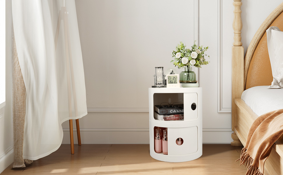 round nightstand,round side table with storage,small space storage,round table with drawer