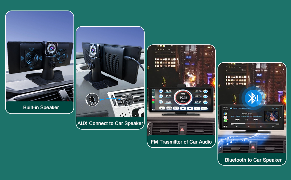 Car audio system features: built-in speaker, AUX connection, FM transmitter, and Bluetooth connectivity. Multiple interface views shown.