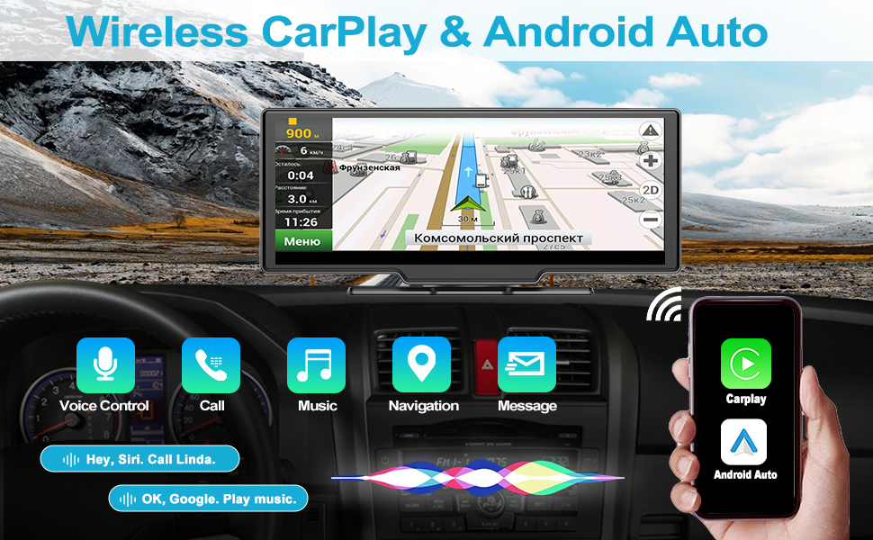 10.26" Wireless Carplay & Android Auto Portable Car Stereo with Bluetooth Hands-Free Car Radio with Google and Siri Assistant, HD IPS Touchscreen, AUX and FM Transmitter 19 spotify car thing bluetooth radio car audio system car stereo with bluetooth touch screen radio
