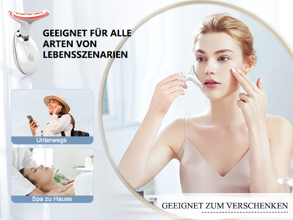 Der Text lautet: „GEEIGNET FÜR ALLE ARTEN VON LEBENSSZENARIEN“ und „GEEIGNET ZUM VERSCHENKEN“. Bild im geteilten Bereich, das Szenen aus der Hautpflege oder dem Bereich Schönheit in einer hellen, sauberen Umgebung zeigt.