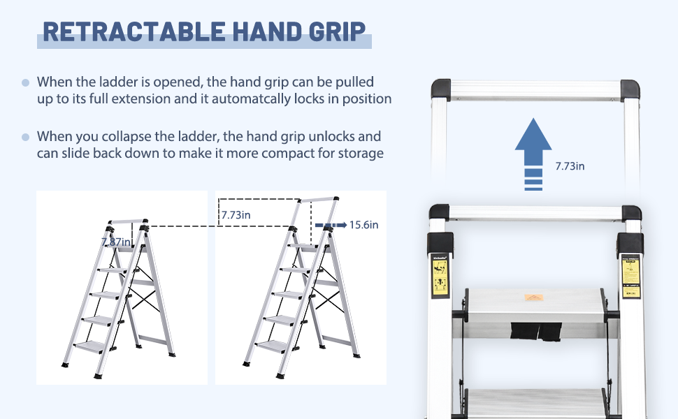 XinSunho Step Ladder 5 Step Stool, Retractable Handgrip Aluminum