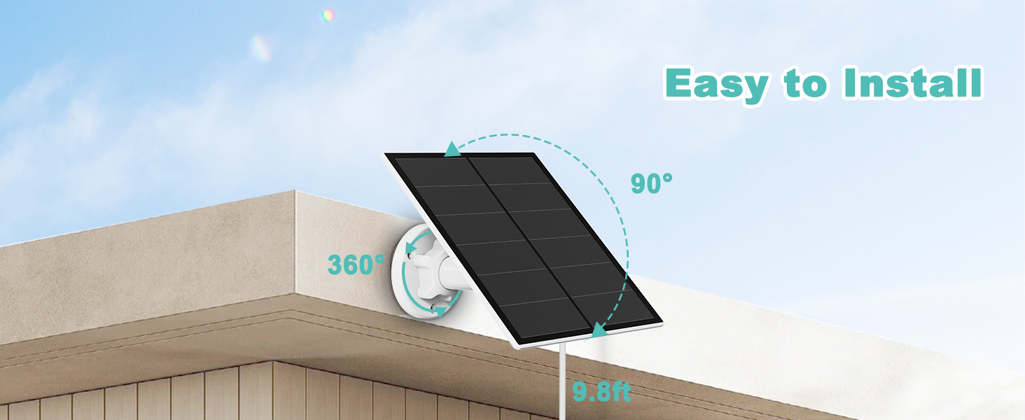Schéma illustrant l'installation d'un panneau solaire rectangulaire noir sur un angle de toit. Le texte indique une rotation de 360 degrés et un angle d'inclinaison de 90 degrés pour