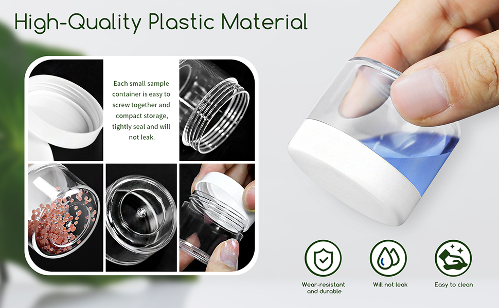 Each small sample container is easy to screw together and compact storage,tightly seal
