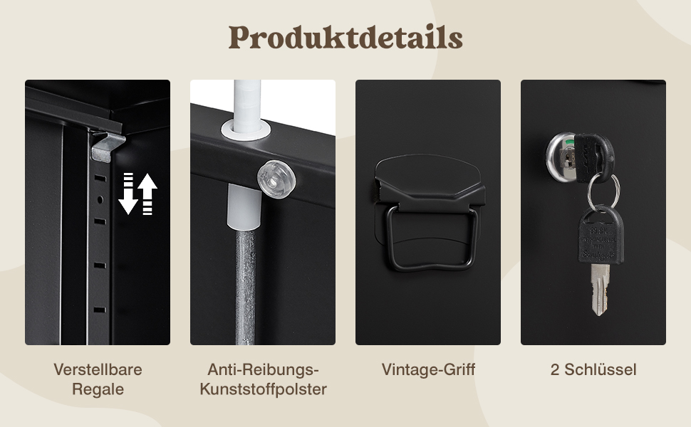 Vierteiliges Produktdetailbild mit verstellbaren Regalen, rutschfesten Kunststoffpuffern, einem Griff im Vintage-Stil und zwei Schlüsseln für ein Möbelstück, wahrscheinlich einen Schrank oder eine
