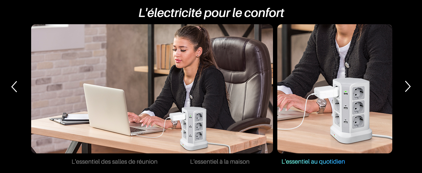 Cadre de bureau montrant des multiprises verticales sur des bureaux dotés de plusieurs prises, avec un texte en français sur le confort électrique.