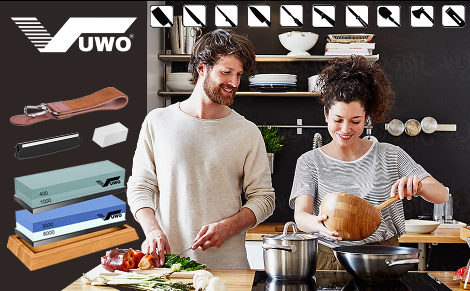 VUWO Slijpstenen Set - Dubbelzijdig 400/1000 & 3000/8000 Met Bamboe Basis En Leren Strop
