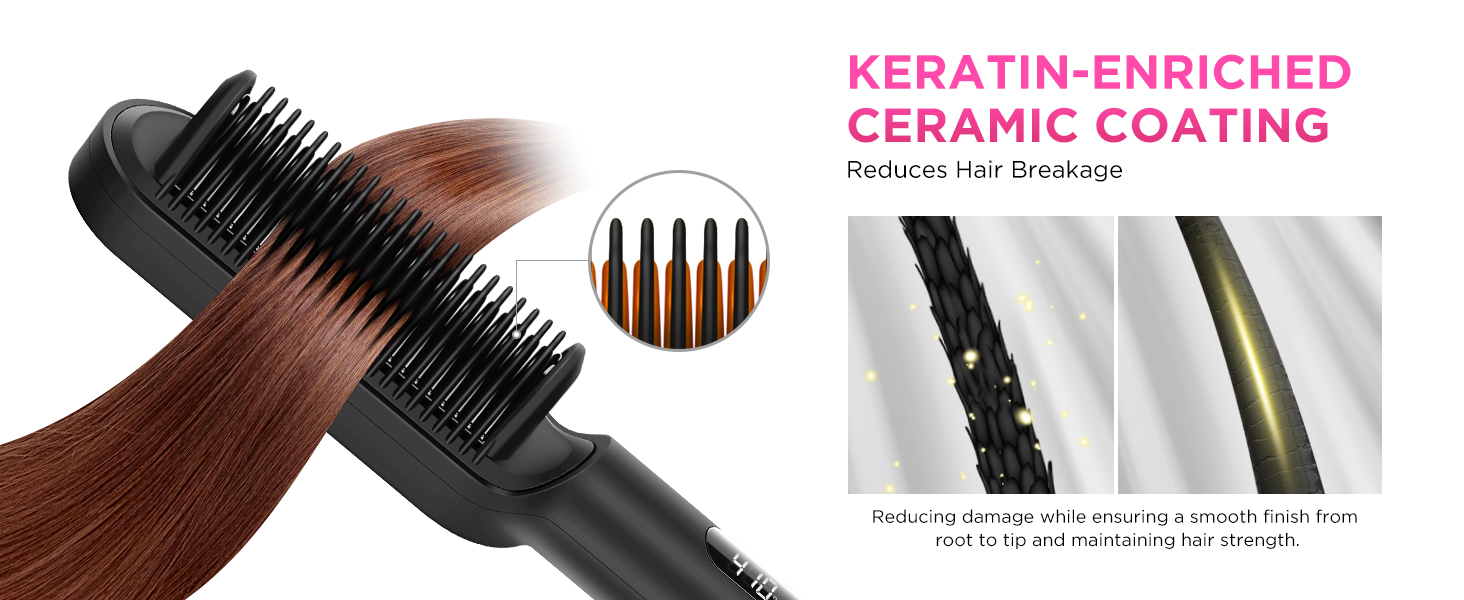 keratin-enriched ceramic coating, reduces hair breakage
