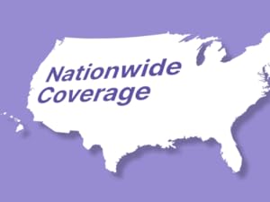 An icon of a map of the US with the words "Nationwide Coverage" on it