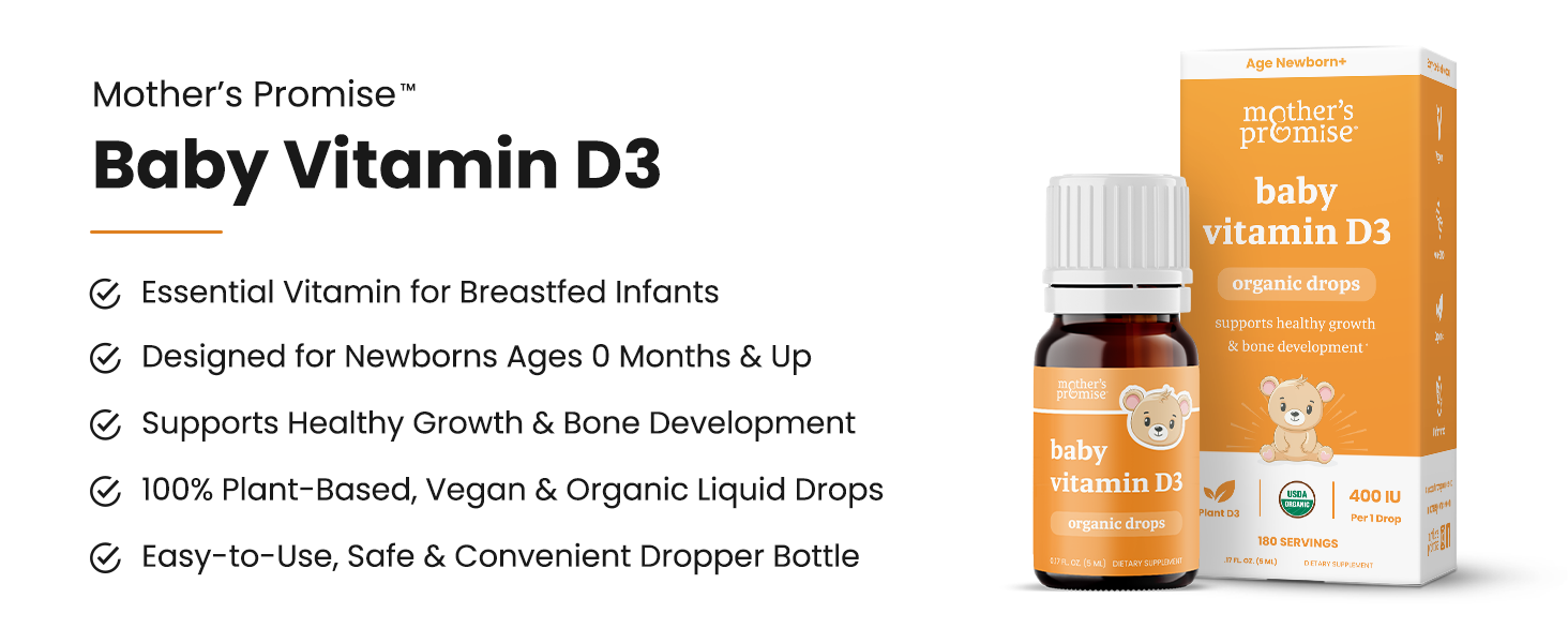 Organic Vitamin D Drops for Babies, Infants & Toddlers 100 PlantBased, 180