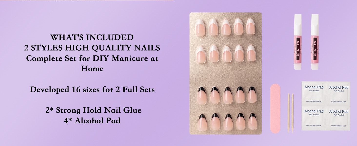 64pcs false nails with 2 strong hold glue and pro tools