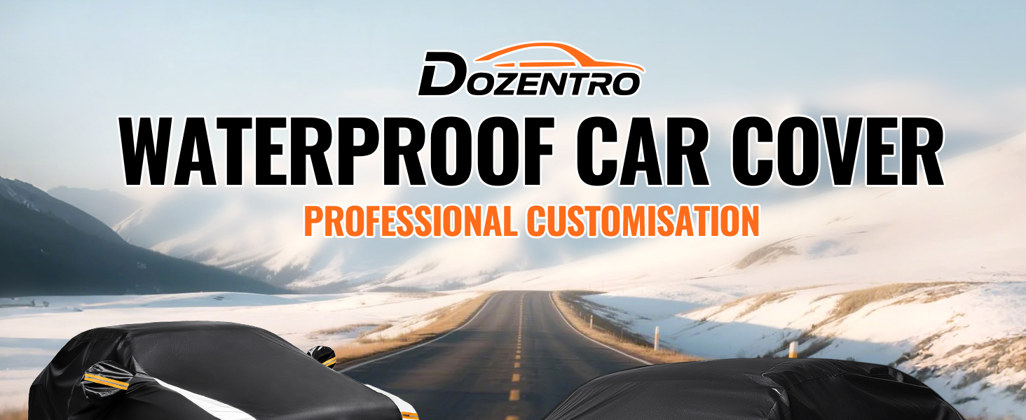 Text reads 'WATERPROOF CAR COVER' and 'PROFESSIONAL CUSTOMIZATION'. Vehicle cover product images showing waterproof material and coverage features.