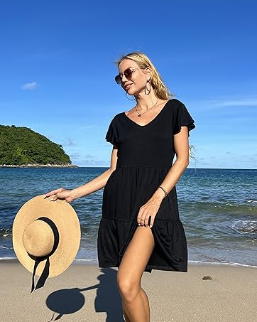 Hotouch Babydoll Dress Smocked Tiered Womens Summer Casual Dress V Neck Ruffle Hem Dresses