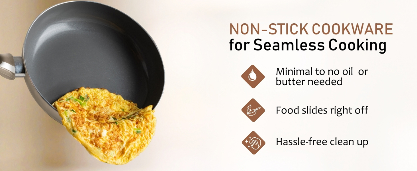 non stick ceramic frying pan with egg, fast heating induction base, red cookware top view