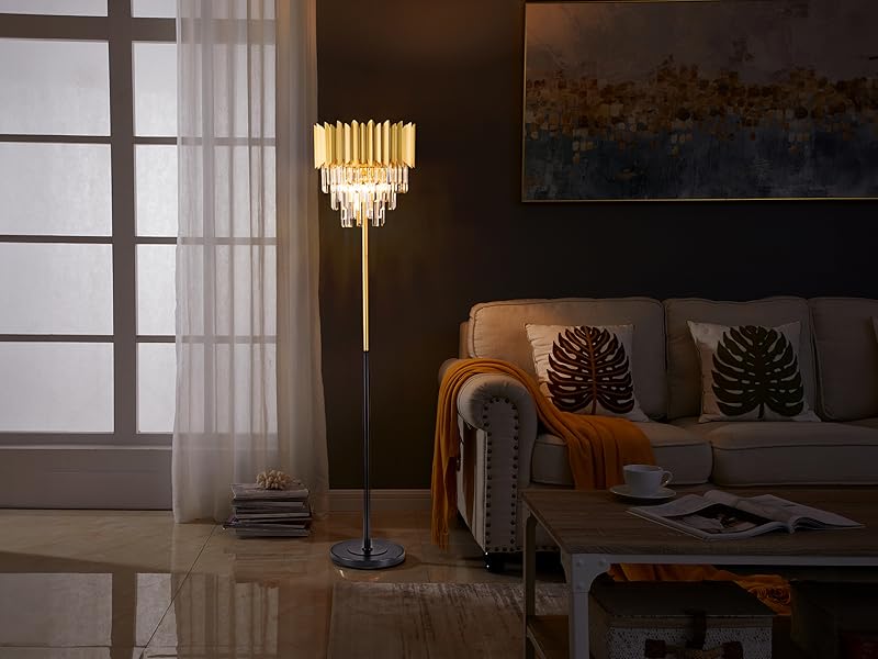 Wellmet BlackGold Crystal Floor Lamp for Living Room Corner, 4 Lights