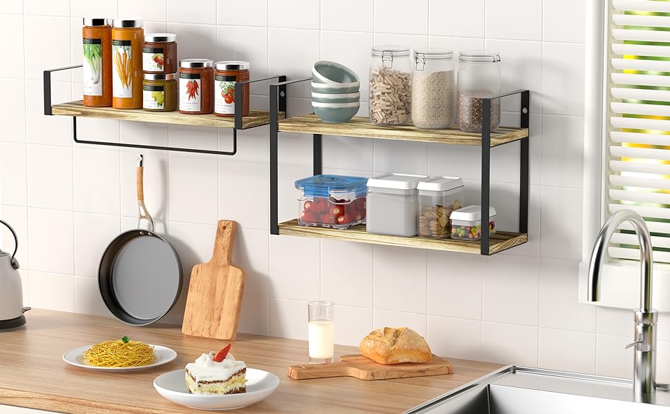 ZGO 2+1 Tier Floating Shelves Wall Mounted Set of 2, Rustic Wood Wall Shelves with